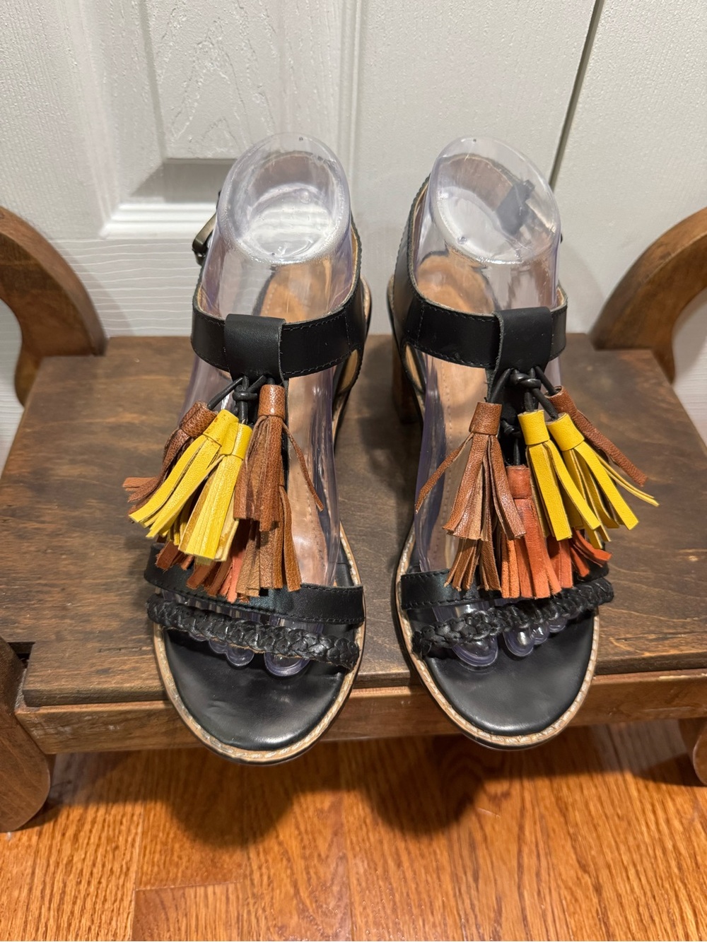 MTNG Originals Black Leather Tassel Block Heel Sandals Size 38 / US 8
